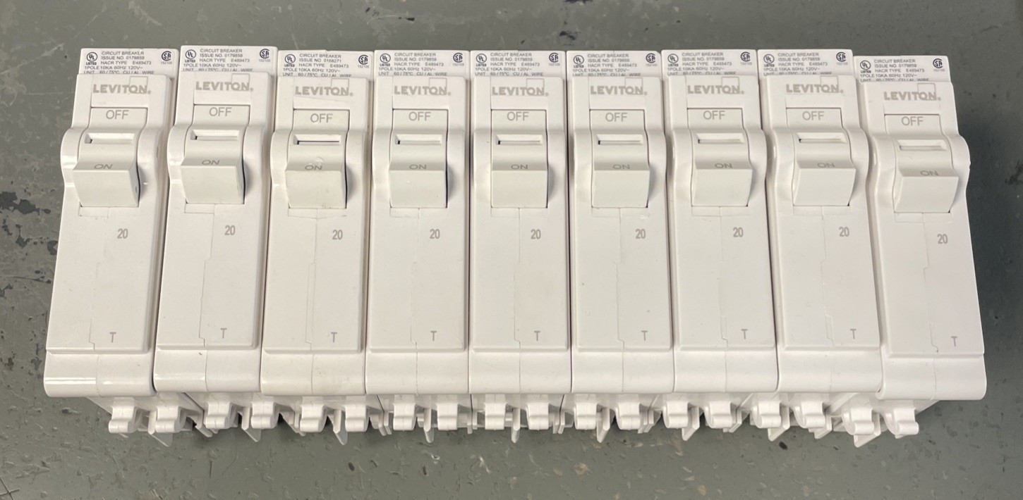 lot of 9 Leviton LB120-T 20A 1-Pole Plug-On Standard Branch Circuit Breaker