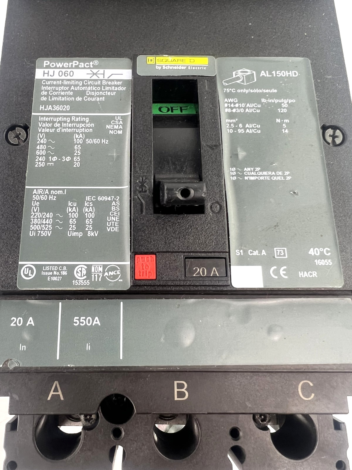 Square D HJA36020 20 Amp 3-Pole I-Line Circuit Breaker 480V 65K — WEAR READ