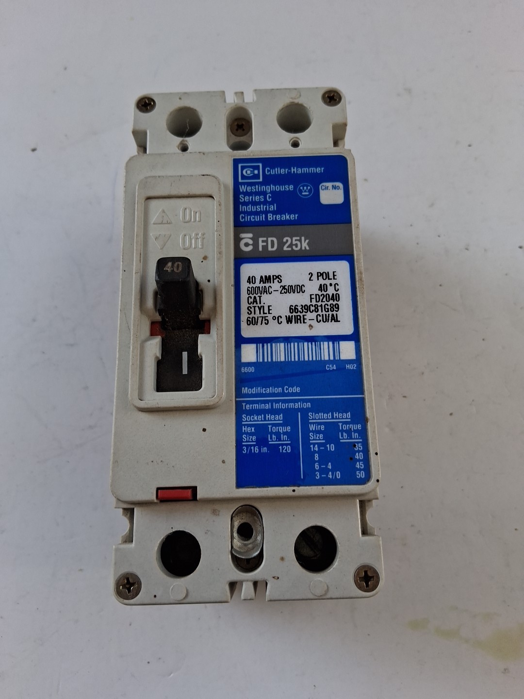 Westinghouse – Eaton – Cutler Hammer FD2040 Circuit Breaker 40A 600VAC