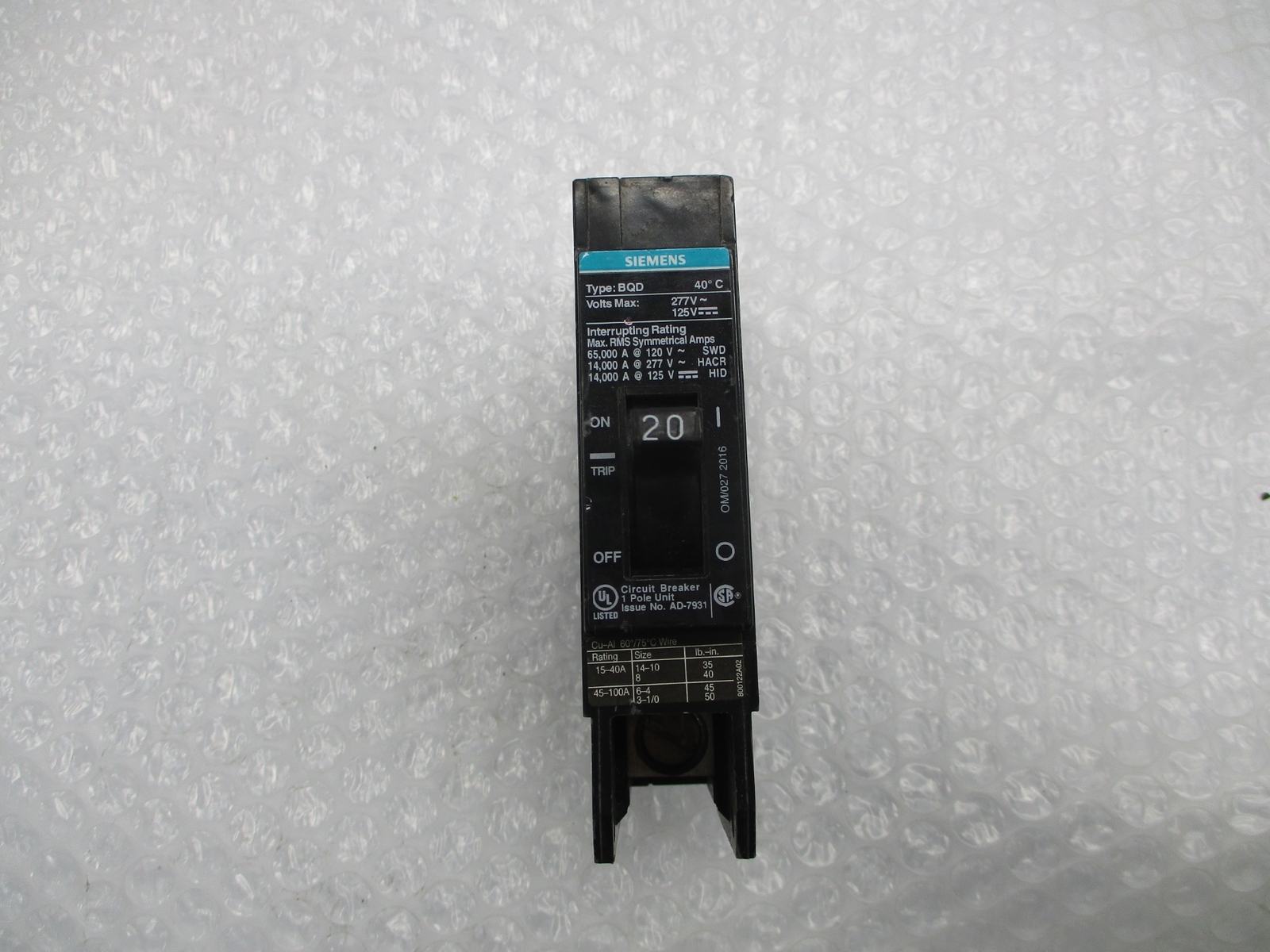 SIEMENS BQD120 BREAKER 1POLE 20AMPS UNMP