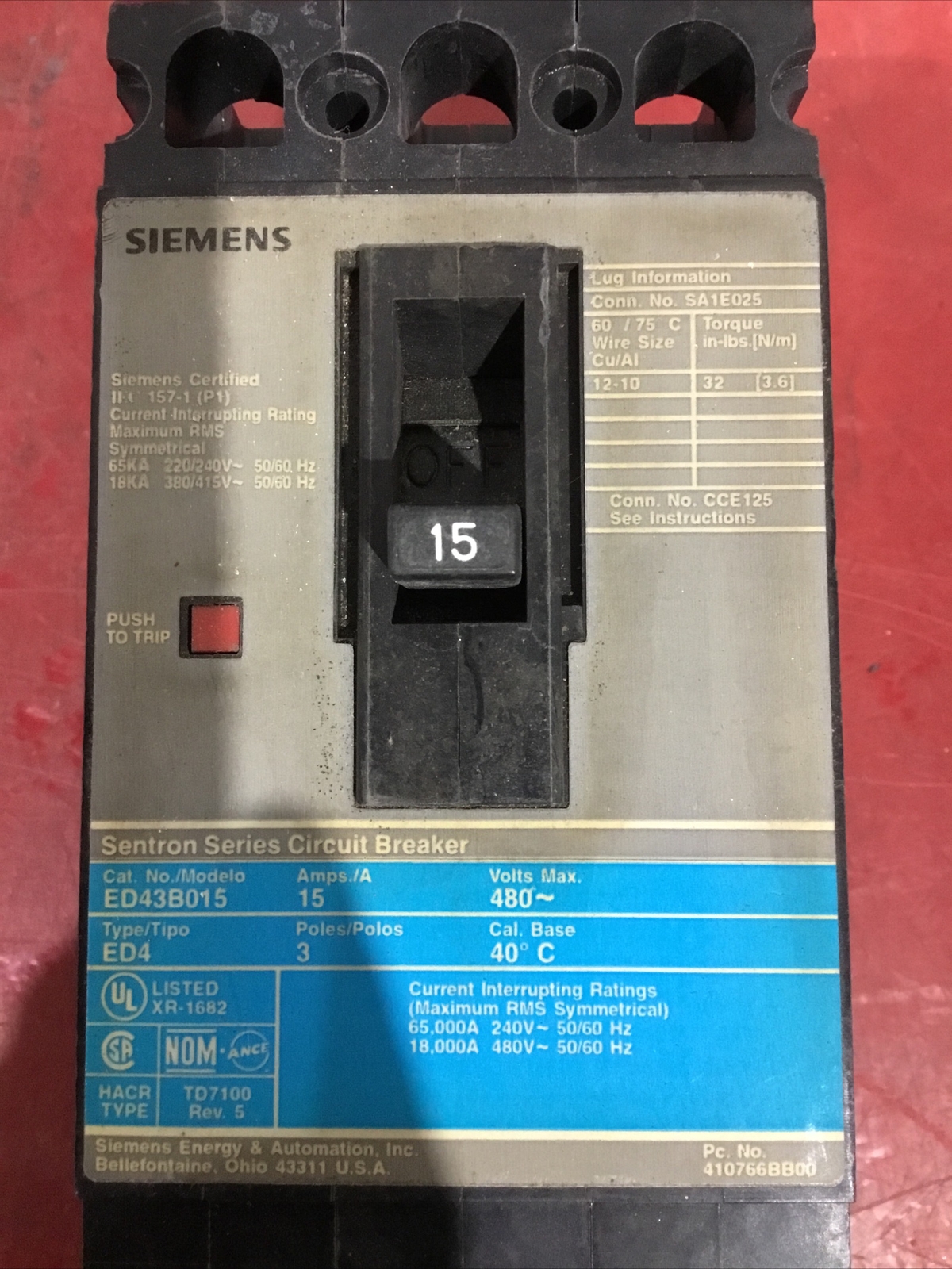 Siemens ED43B015 480V 20A 3P Circuit Breaker