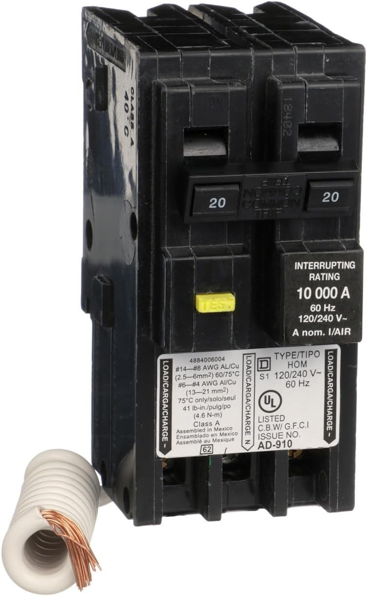 Square D by Homeline 20 Amp Mini Circuit Breaker, 2 Pole, 120/240V AC, 10kA B…