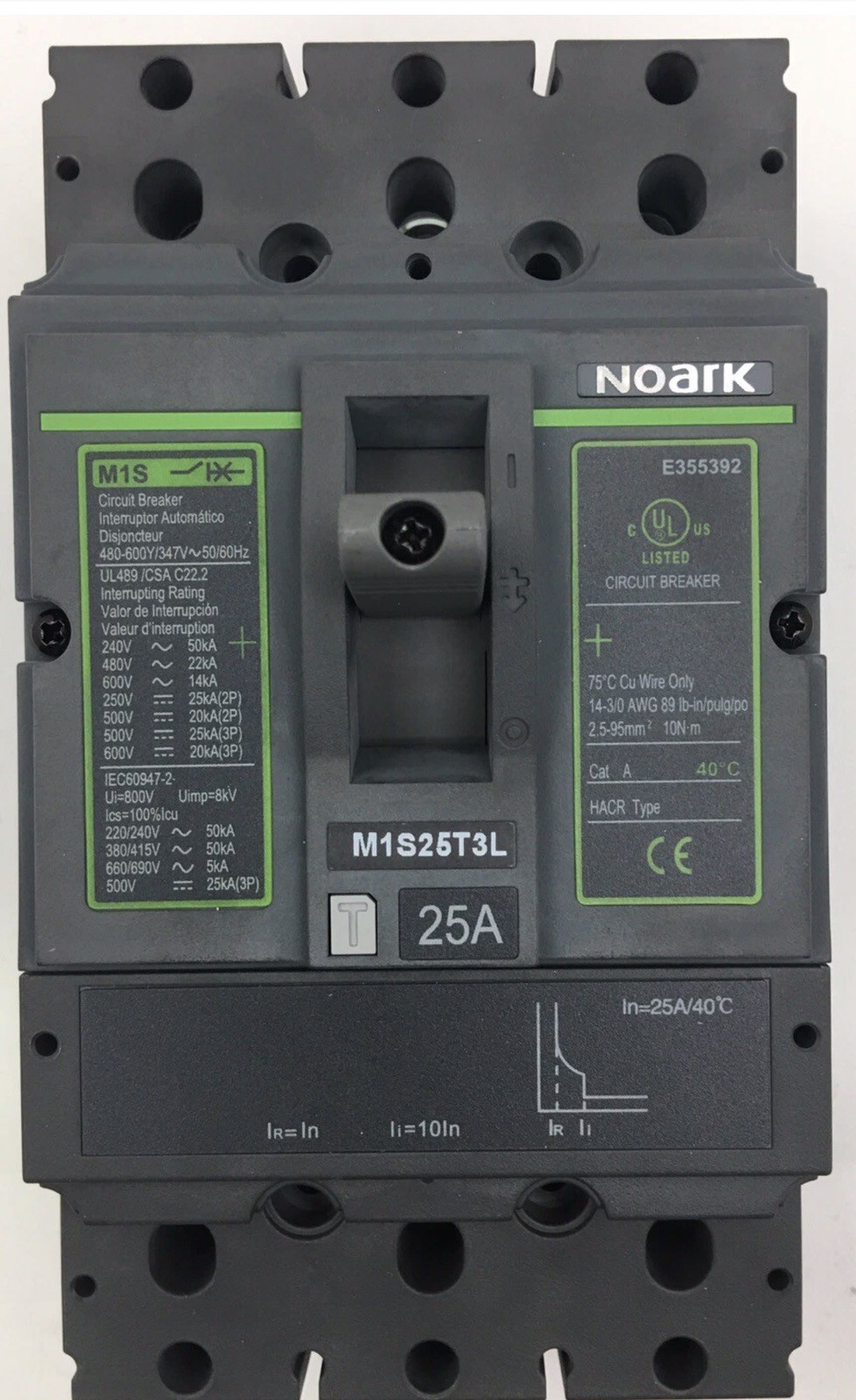 M1S25T3L NOARK Molded Case Circuit Breaker 25A, 3 Poles, UL489, 480V, 50/60Hz