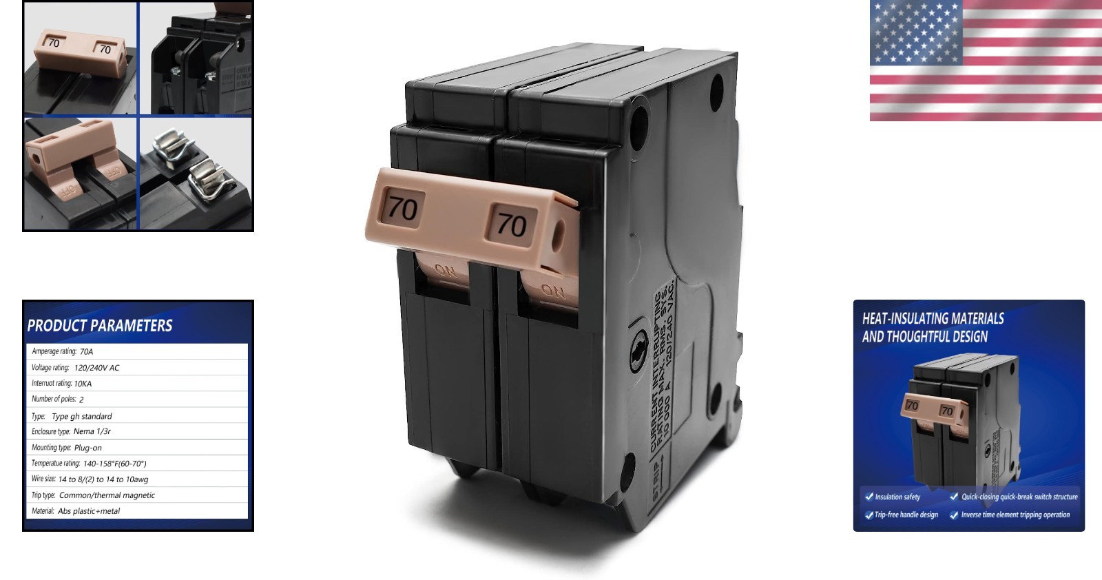 270 2-Pole 70-Amp Circuit Breaker with Thermal Magnetic Protection for 120/240V