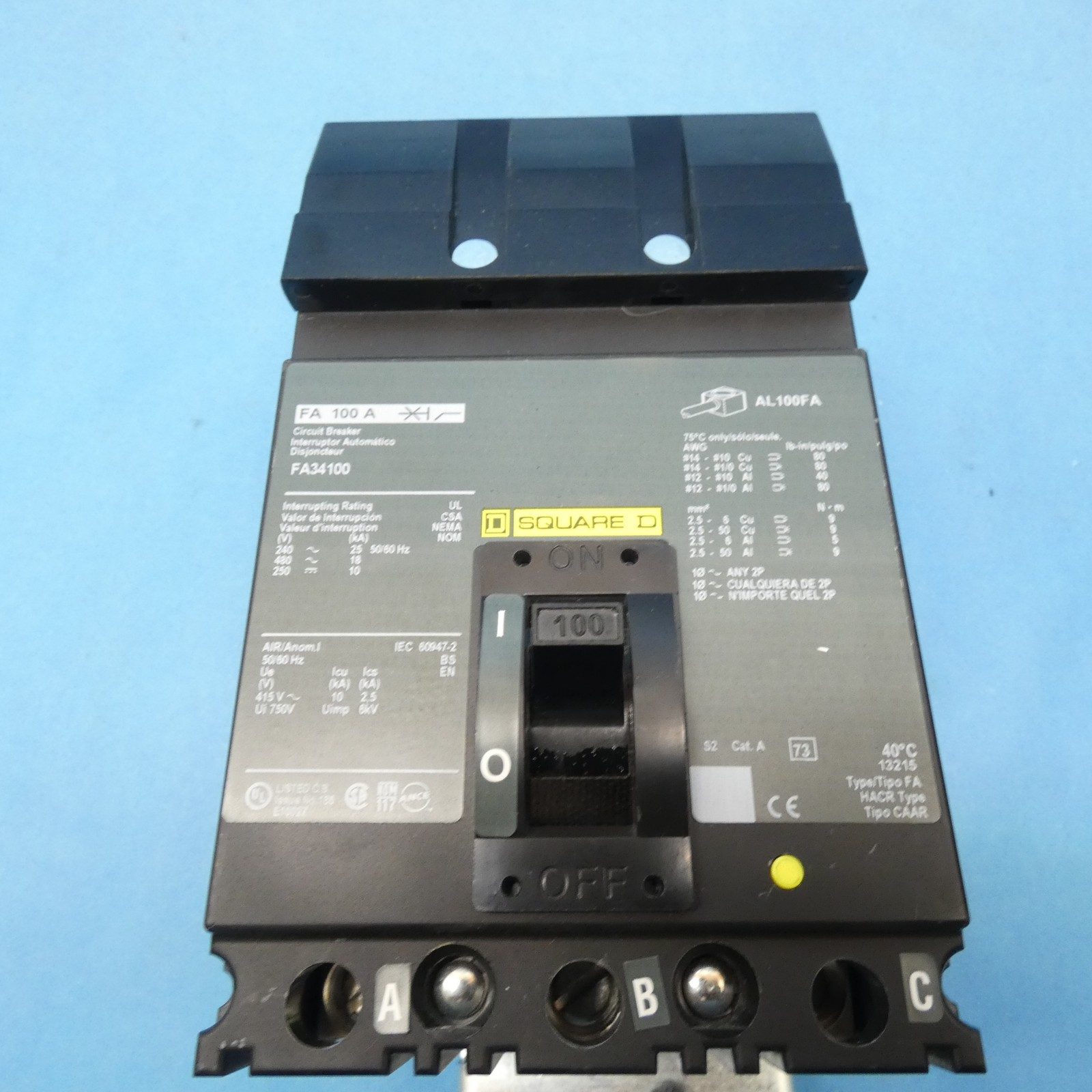 Square D FA34100 SEALED I-Line Circuit Breaker 3 Pole 100 Amps 480VAC/250VDC