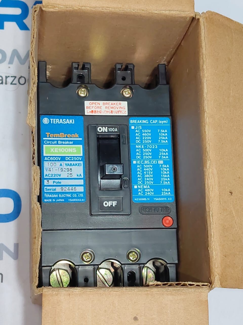 NEW TERASAKI XE100NS 3 POLE 100 AMP TemBreak CIRCUIT BREAKER AC600V DC250V