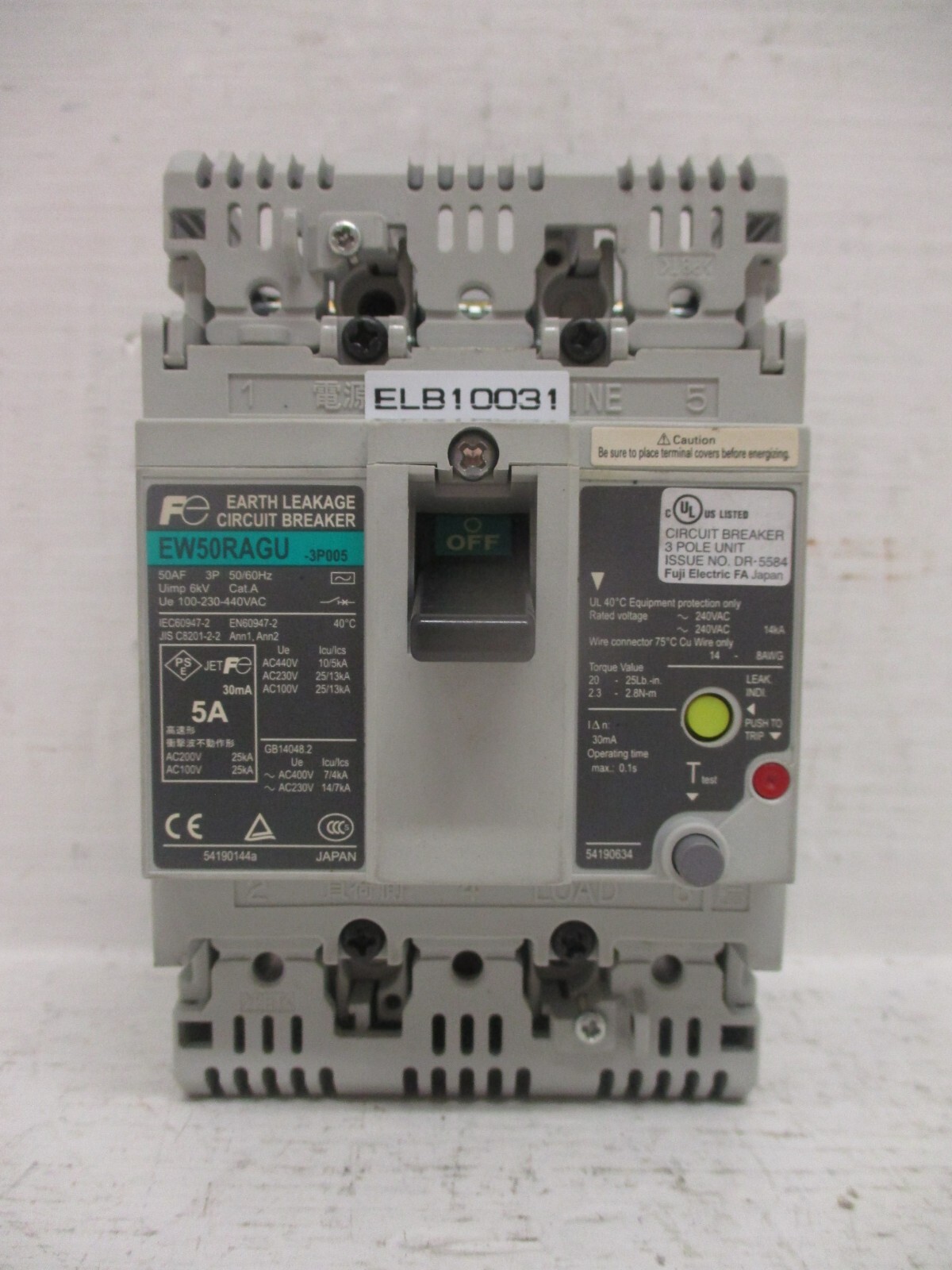 Fuji Electric EW50RAGU-3P005 5 Amp Earth Leakage Breaker 5A 3-Pole 100-230-440V