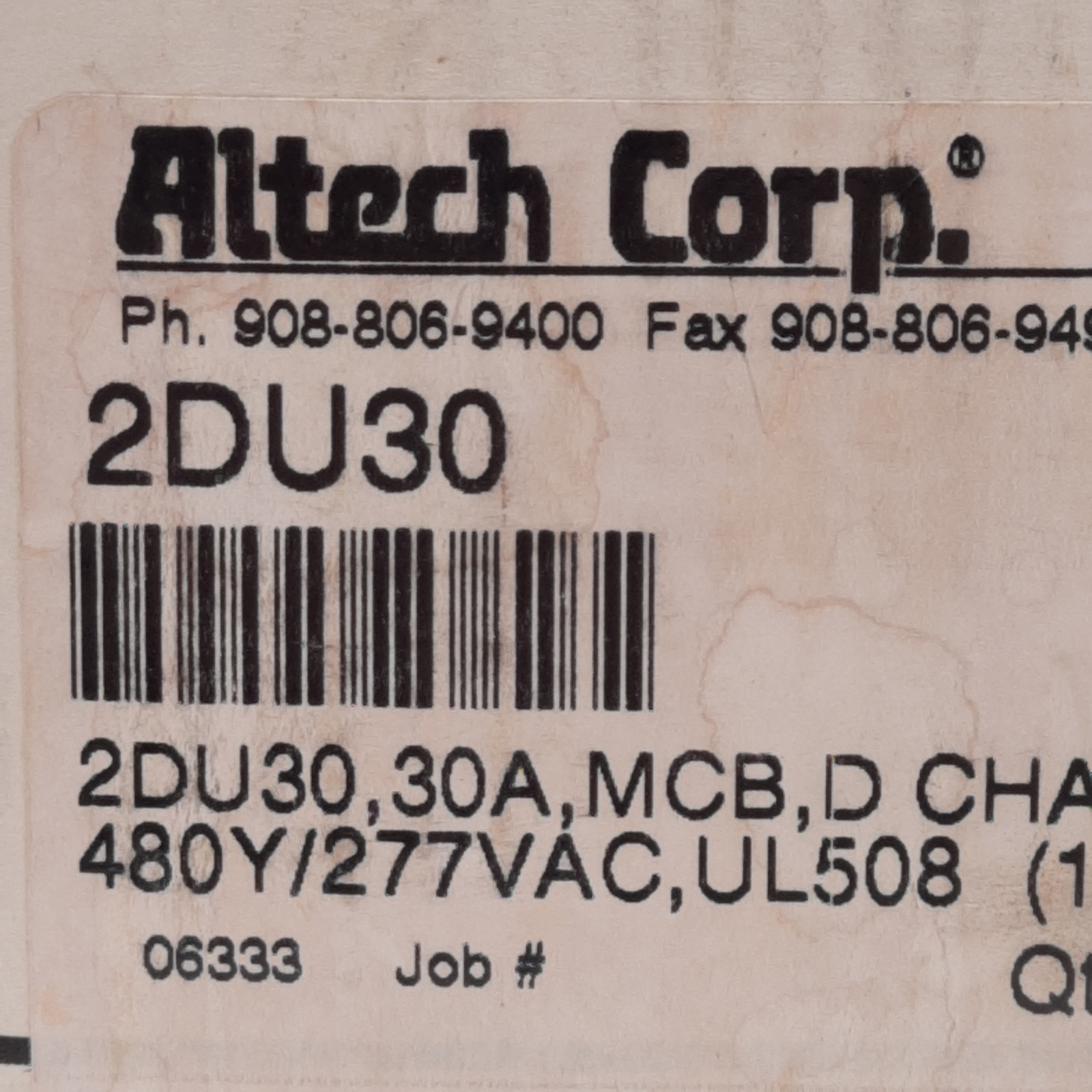 Altech 2DU30 Circuit Breaker, D-Curve, 2-Pole, 30A, 480Y/277VAC, DIN Rail