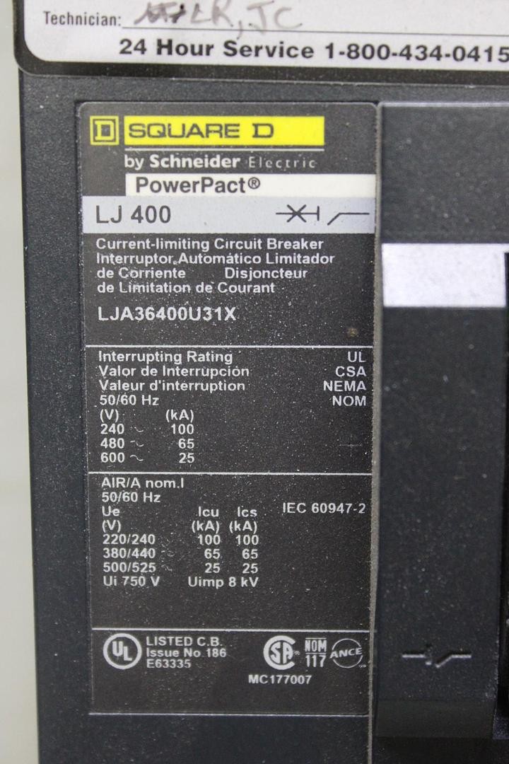 SQUARE D POWERPACT I-LINE CIRCUIT BREAKER LJA36400U31X 400 AMP 600 VAC 3-POLE