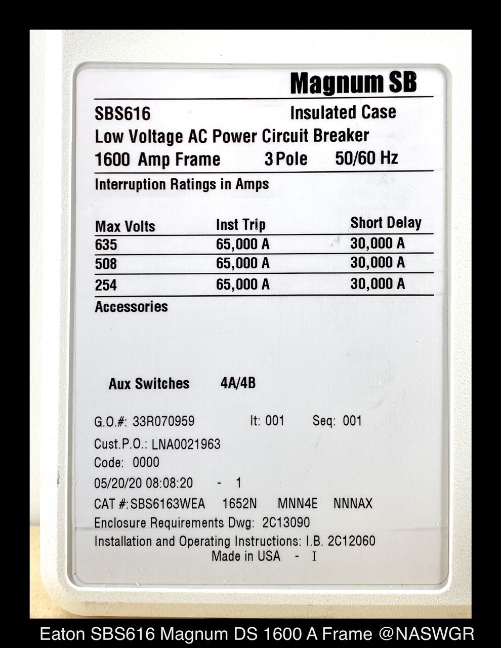 Eaton Magnum SB SBS616 Breaker (M/O,D/O) ~ 1600 Amp – Unused Surplus