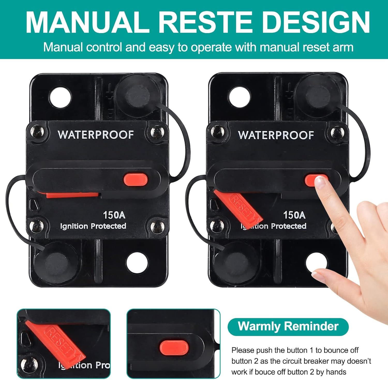 150 Amp Waterproof Circuit Breaker,With Manual Reset,12V-48V DC, for Car Marine