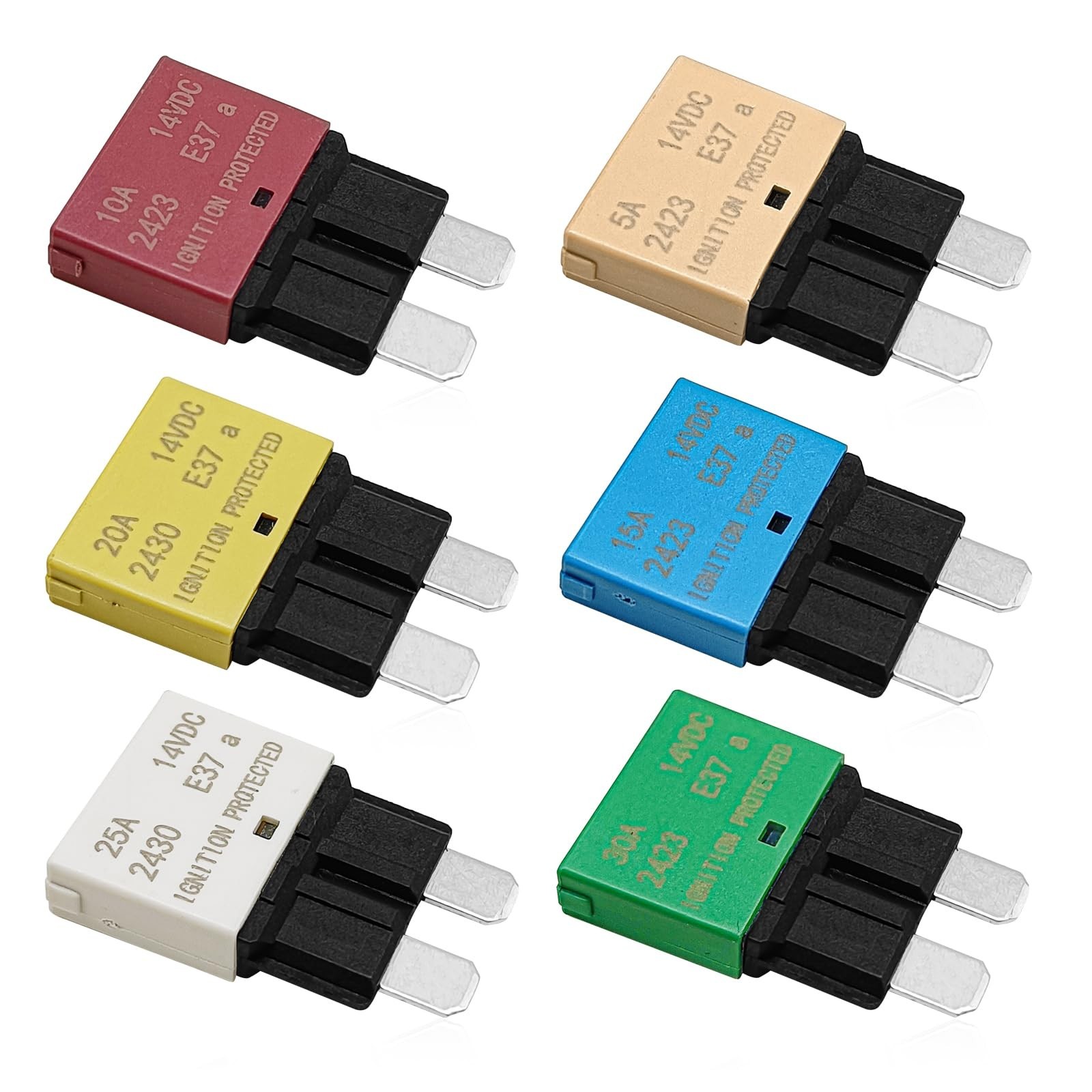 6PCS Manual Reset Low Circuit Breaker Mini Fuses 5A 10A 15A 20A 25A 30A for Car