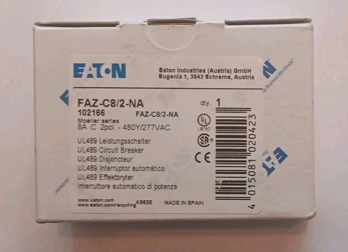 Eaton FAZ-C8/2-NA 2 Pole 8A Trip C Miniature Circuit Breaker 102166, NEW