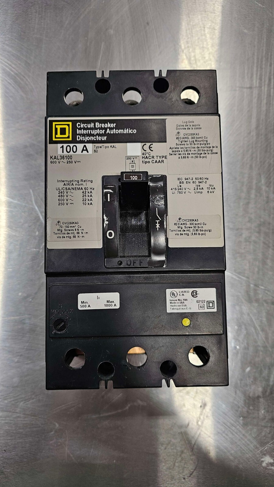 Square D KAL36100 3 pole 600V 100A Circuit Breaker