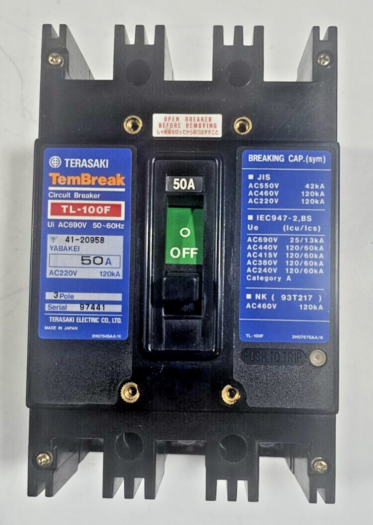 TERASAKI TEMBREAK CIRCUIT BREAKER TL-100F 50A 3POIE 120KA 690VAC MADE IN JAPAN