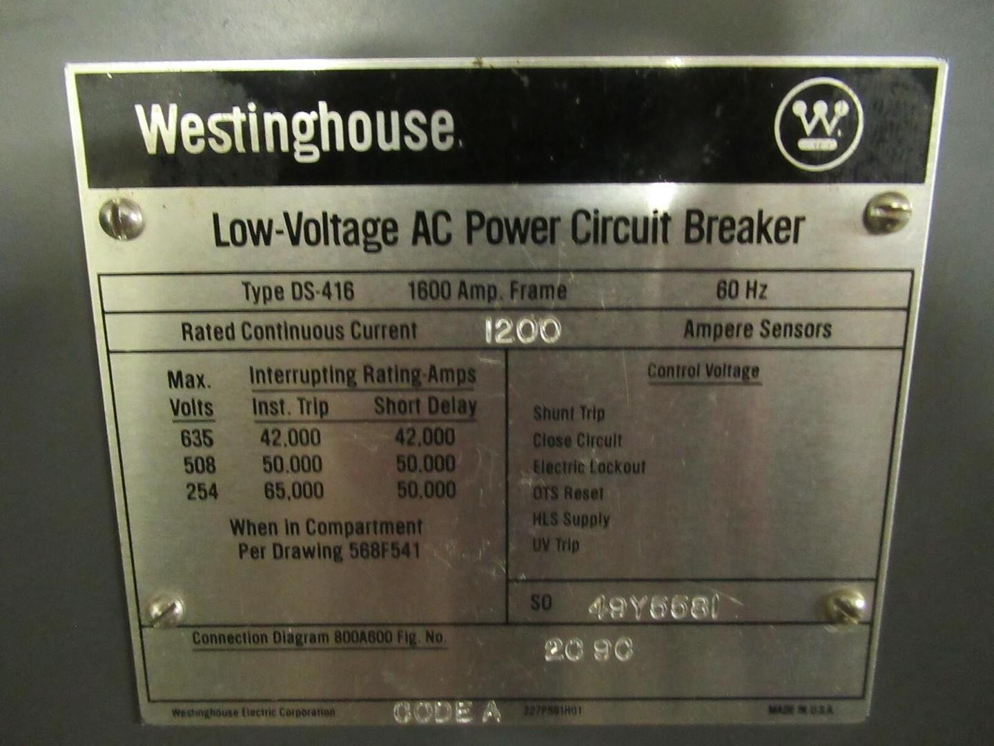 WESTINGHOUSE DS-416 1200 AMP LOW VOLTAGE BREAKER AMPTECTOR I – A MODEL: LIG