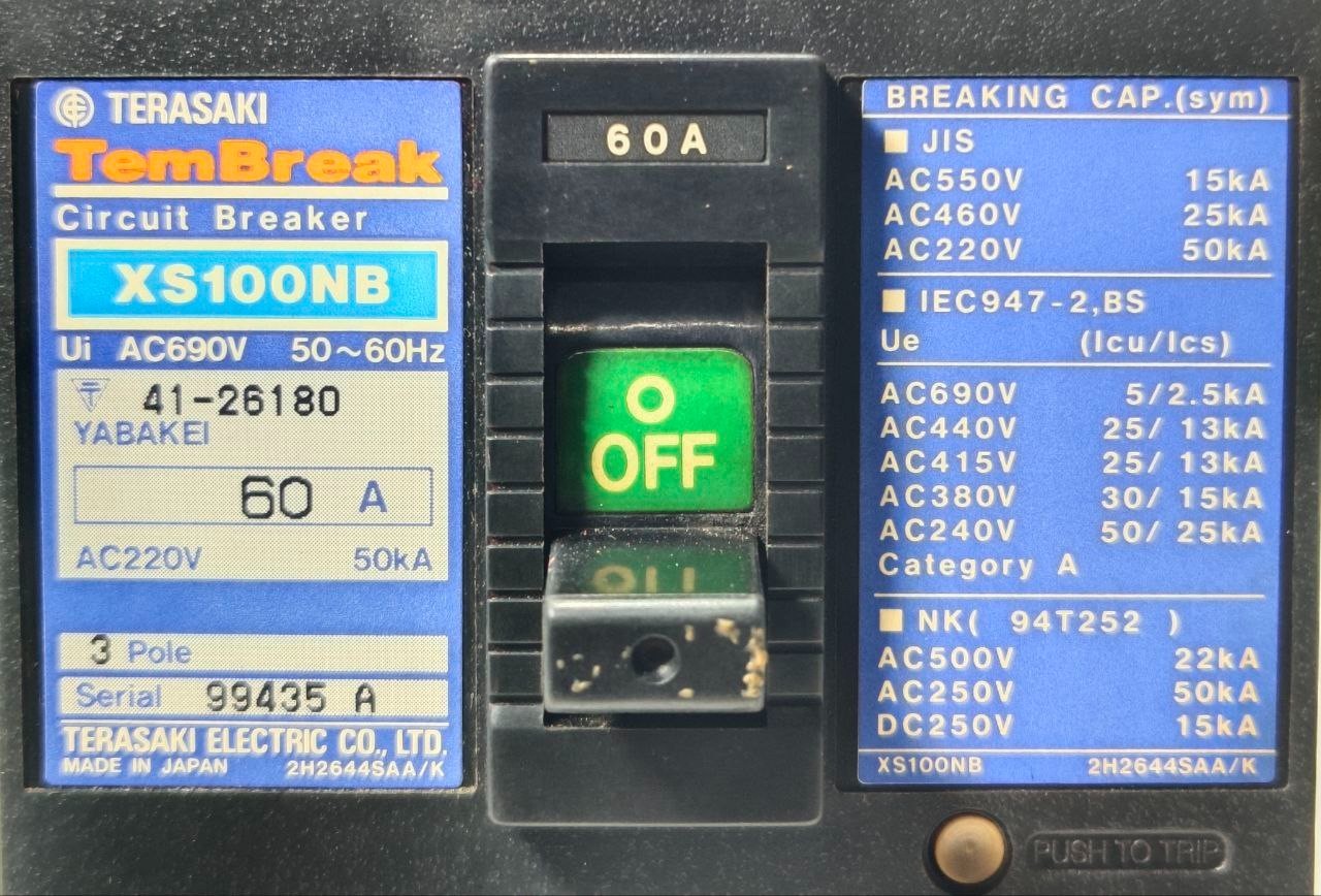 TERASAKI TEMBREAK XS100NB 3POLE 60A CIRCUIT BREAKER WITH 200-480 VAC SHUNT TRIP