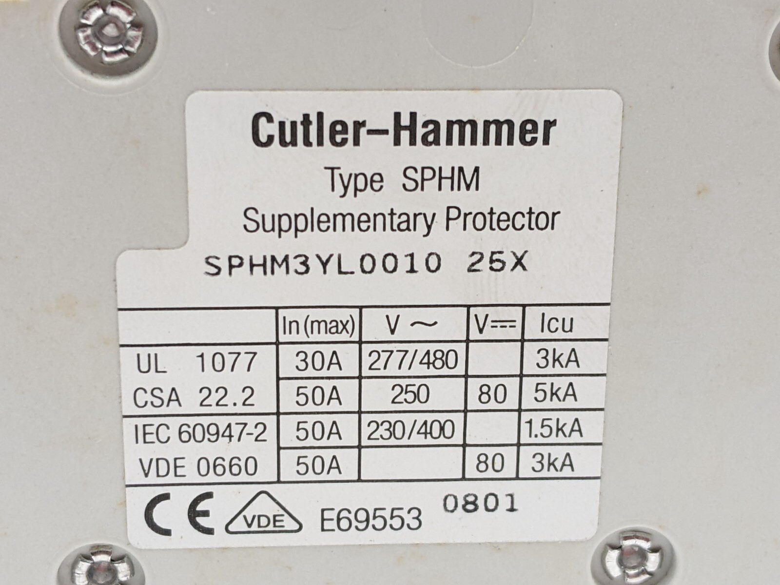 Cutler Hammer SPHM3YL0010 Circuit Breaker 10 Amp 3 Pole 277/480 Volt Din Rail