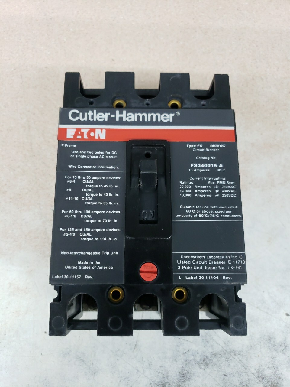Cutler Hammer Eaton FS340015A 15 Amp Circuit Breaker