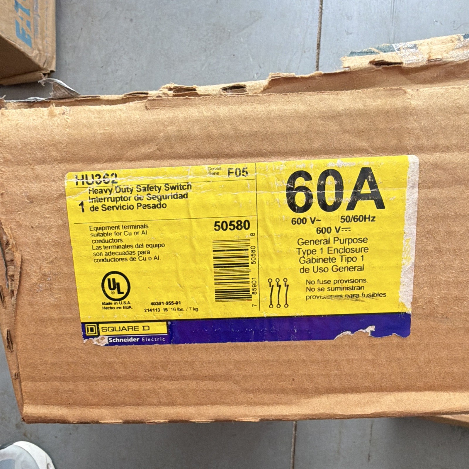 Square D 60A 600V AC Heavy Duty On/Off Safety Switch HU362