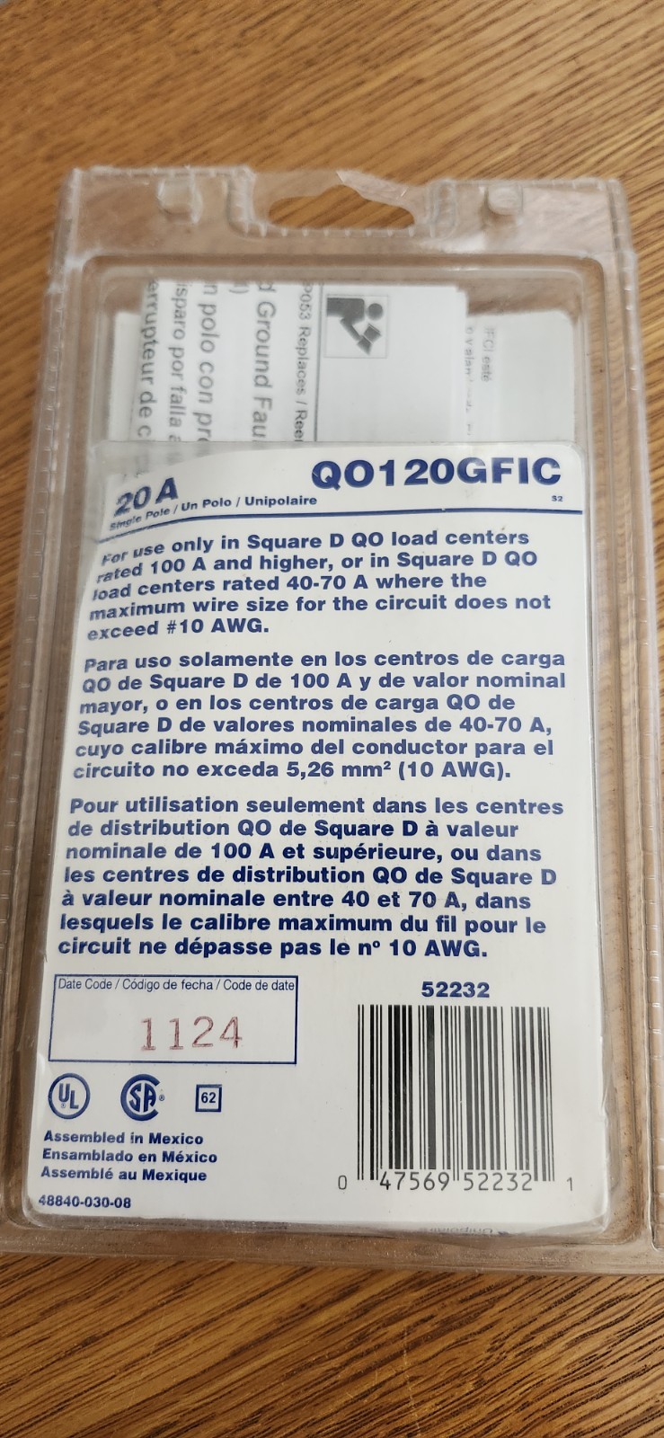 Square D QO120GFIC 20A Ground-Fault Circuit Interrupter 120V Red Visi-Trip