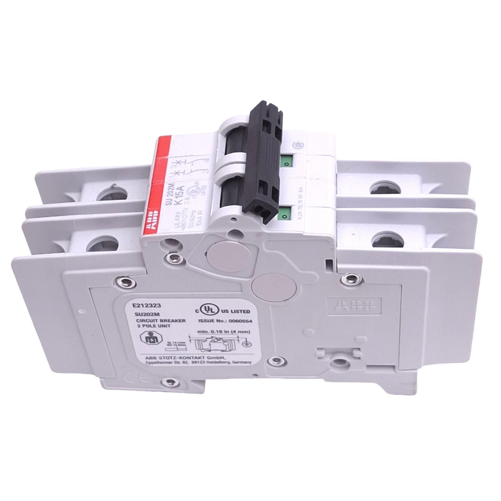 ABB SU202M-K15 Circuit Breaker, 2-Pole, 15A, 480Y/277VAC Max, DIN Rail