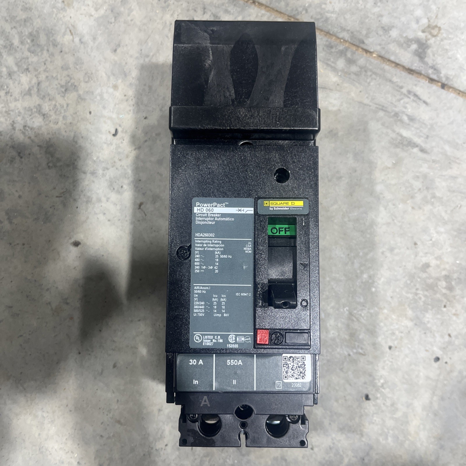 SQUARE D HDA260302 POWERPACT CIRCUIT BREAKER, 2-POLE, 600-VOLT, 30-AMP