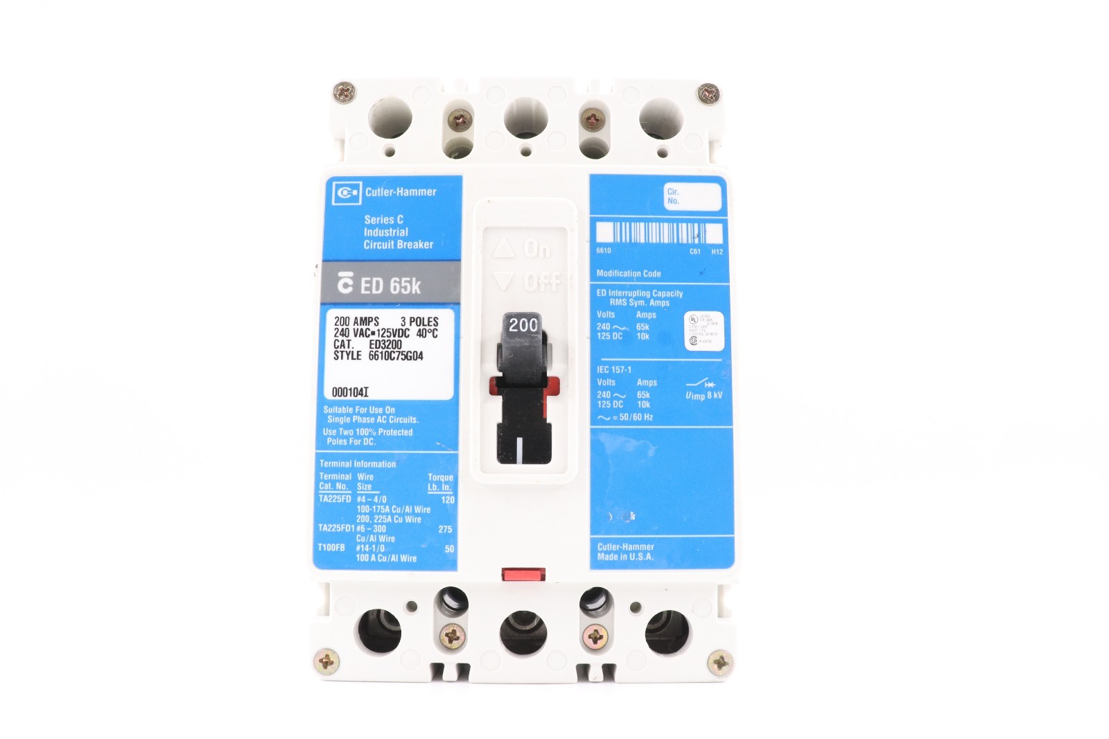 EATON ED3200 200A 3-POLE CIRCUIT BREAKER 65KA@240V