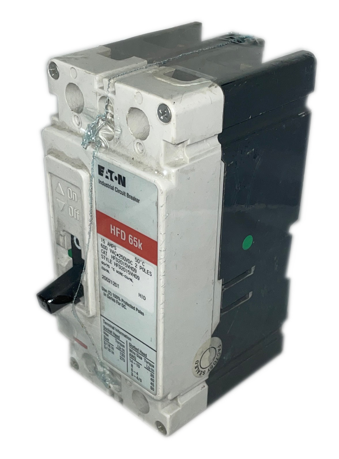 Eaton HFD2015VH09 Circuit Breaker, 2P, 15 A, 600Vac, Marine 50°C, Load Side Lugs