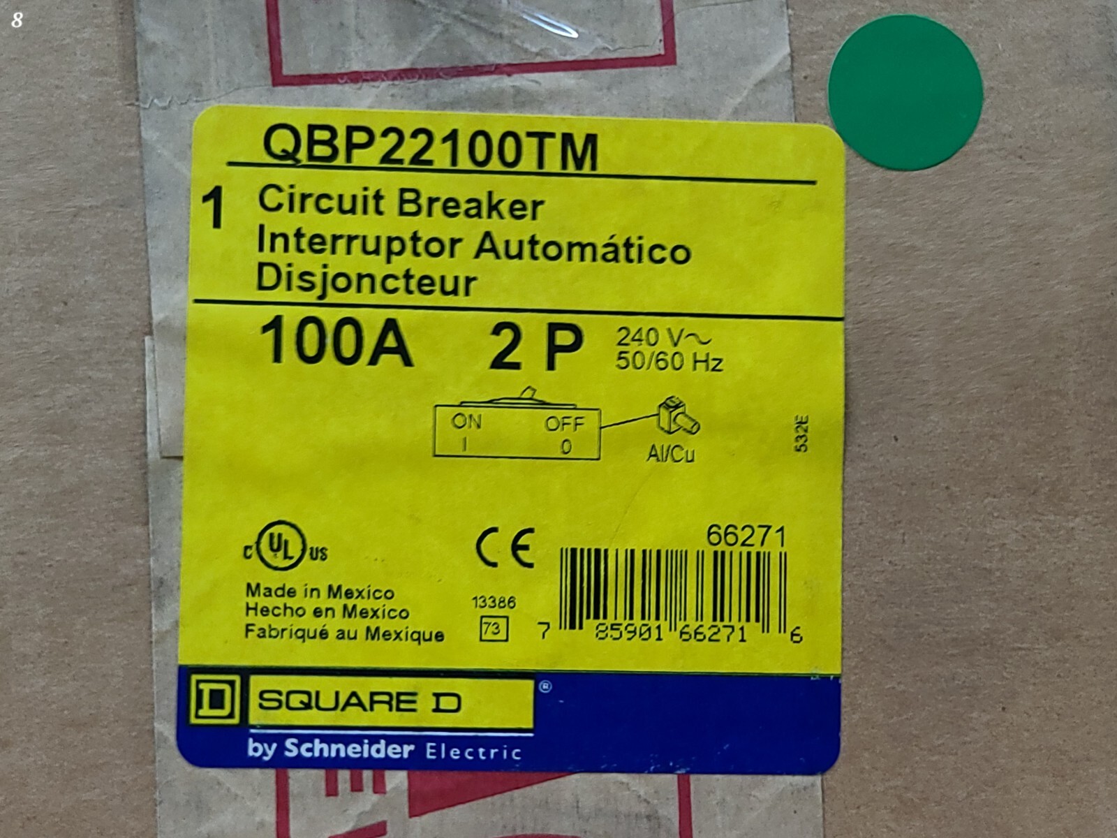 Square D QBP22100TM 100 Amp 2 Pole 240V PowerPact Circuit Breaker
