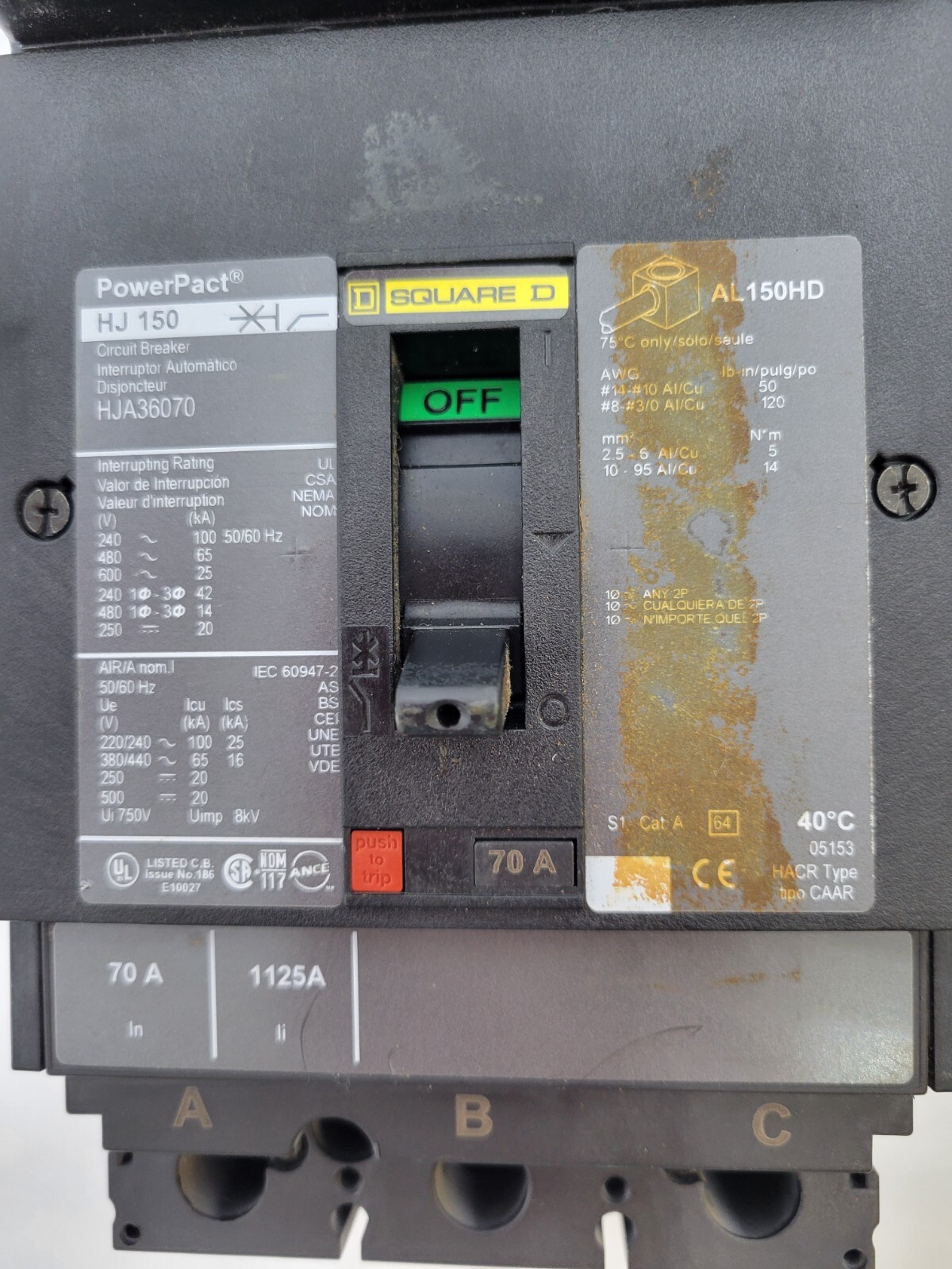 Square D HJA36070 PowerPacT I-Line Circuit Breaker 70A 600V 3P 3PH Type HJ150