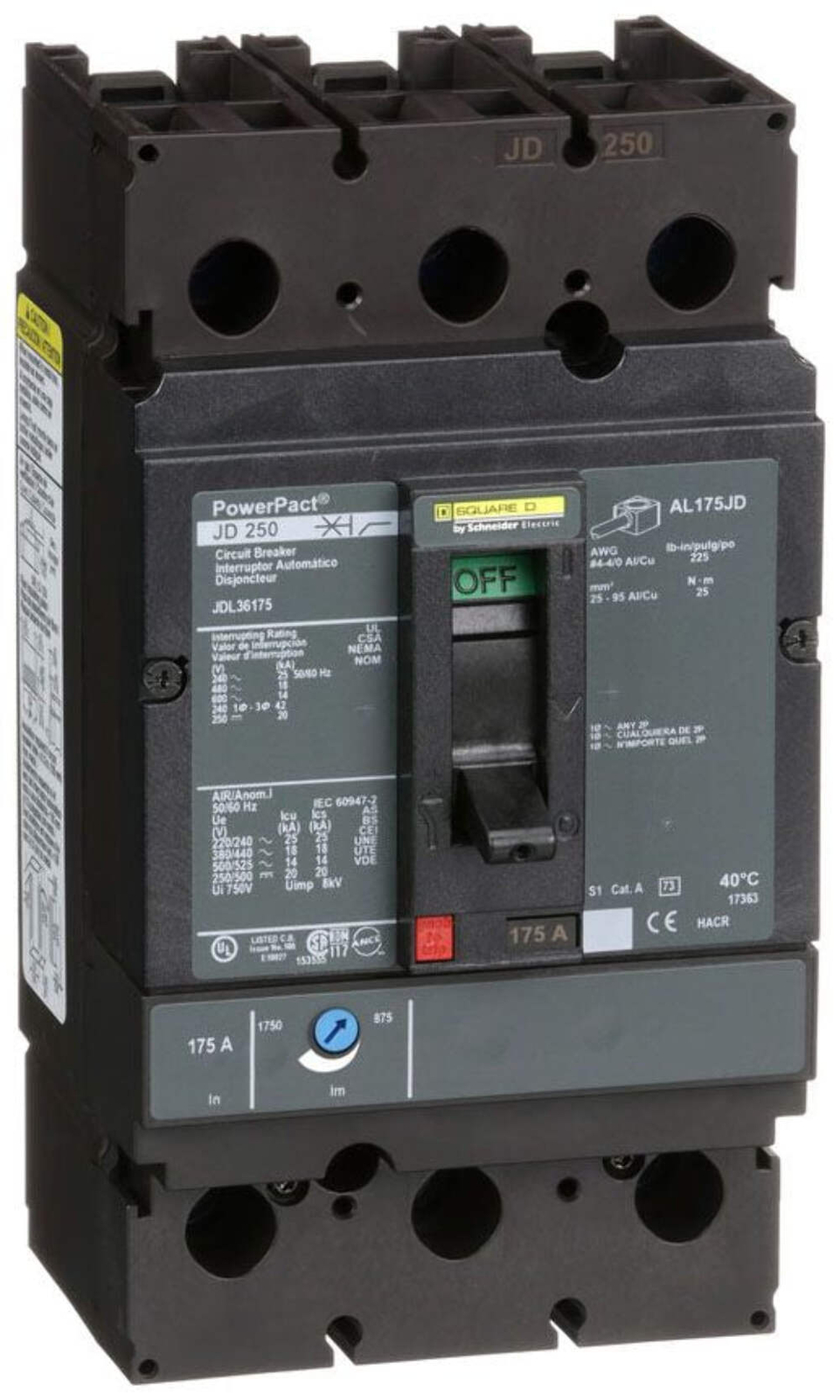 JDL36175 – Square D Bolt-On 600V 175A 3 pole circuit breaker 18kA@480V