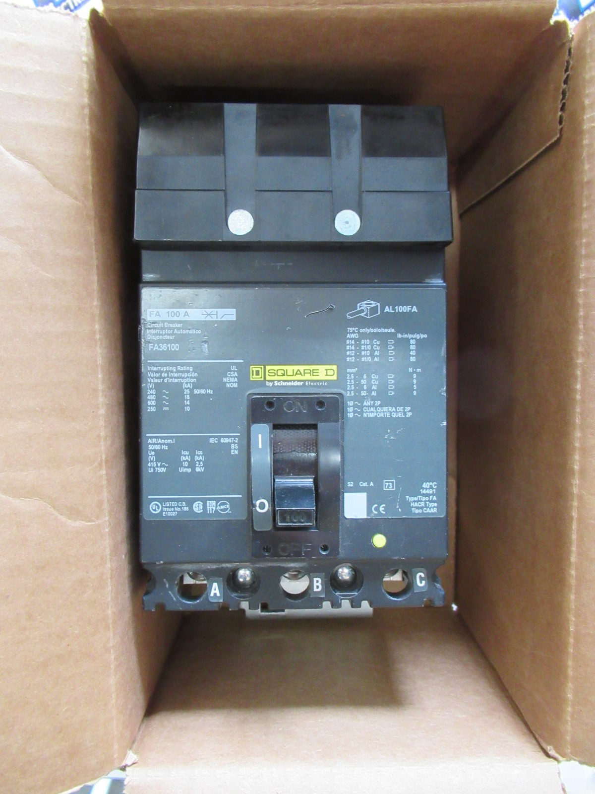 Square D FA36100 I-LINE Circuit Breaker 100 Amp 600 Volt 3 Pole (NS) 18K -NEW-S
