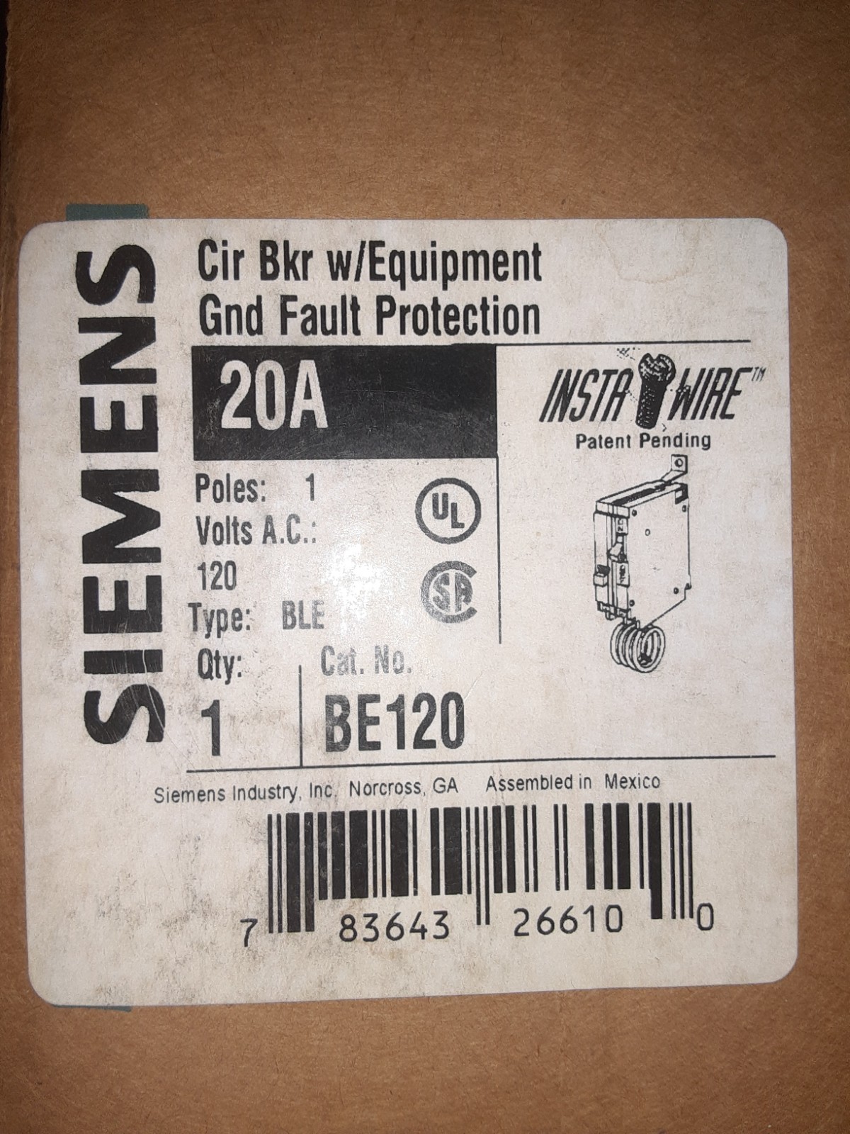 Siemens BE120 Ground Fault Equipment Protection Circuit, 20A, 1P, 120V