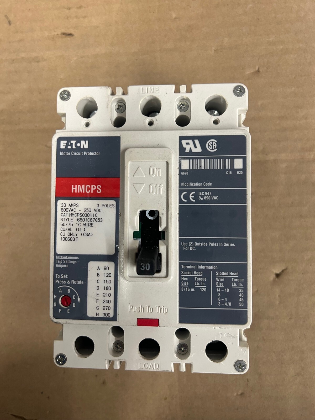 EATON HMCPS030H1C HMCPS 30 Amp Motor Protector Circuit Breaker 3P 600v *CHIPPED*