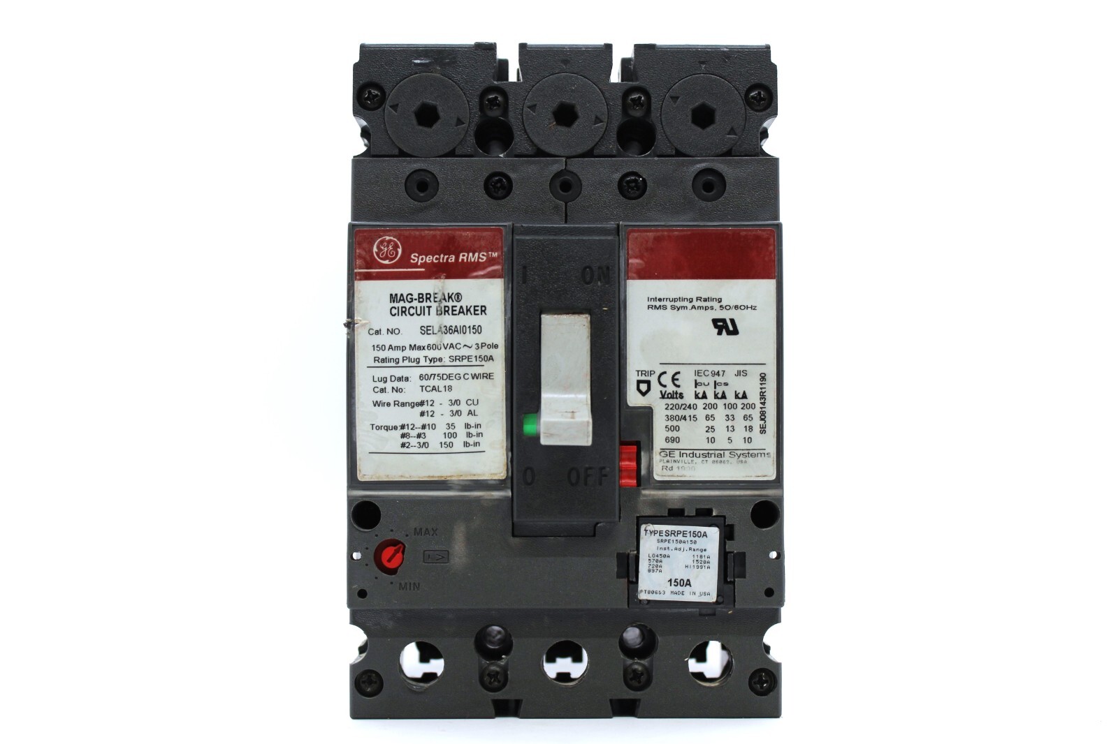 GE SPECTRA RMS MAG-BREAK LIMIT 150 AMP BREAKER SELA36AI0150 3 POLES WITH PLUGS