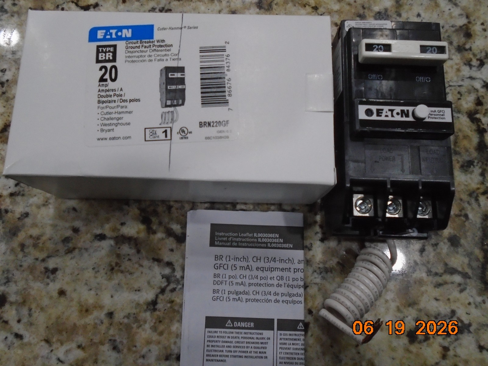 EATON BRN220GF 20AMP DOUBLE POLE GROUND FAULT BREAKER 120/240V BRAND NEW IN BOX