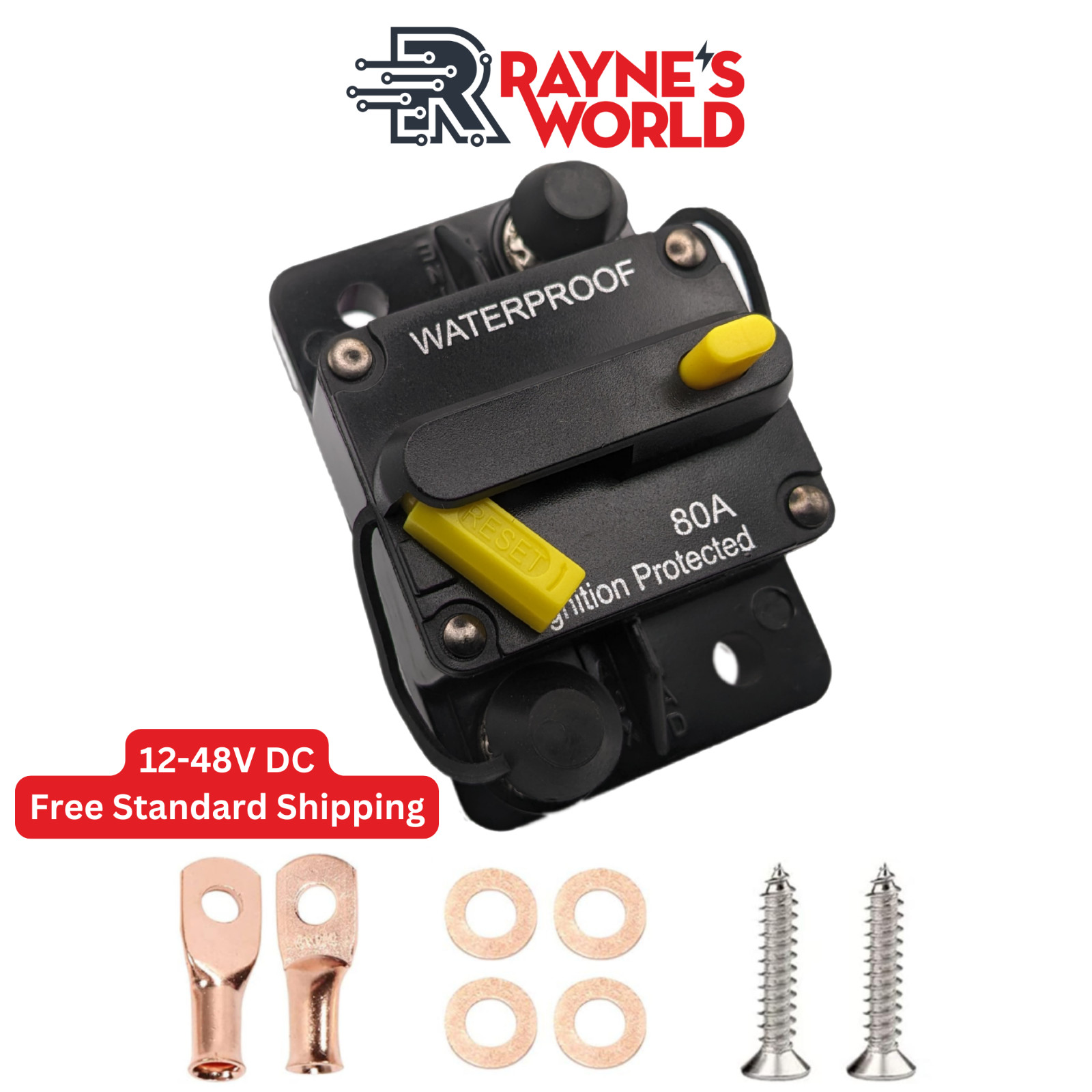 80 Amp Waterproof Yellow Circuit Breaker Auto/Marine/Solar 12-48V DC Manual Rese