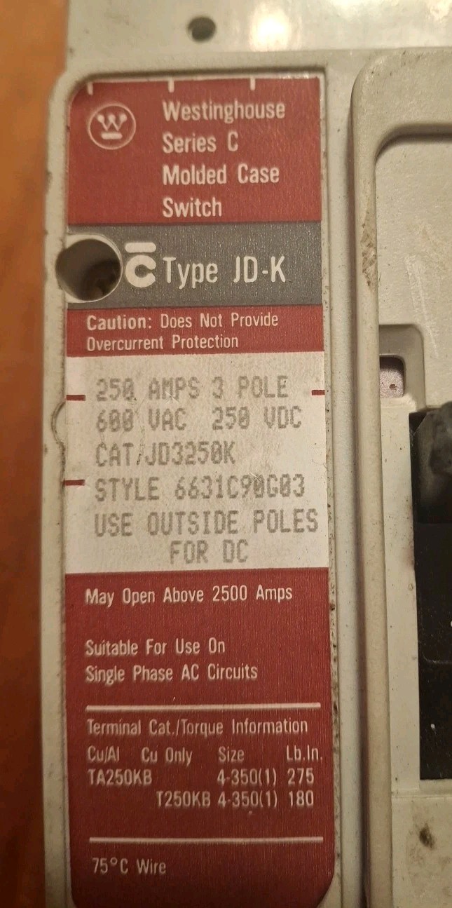 Cutler-Hammer JD-K JD3250K 250A 600Vac 250Vdc Molded Case Switch