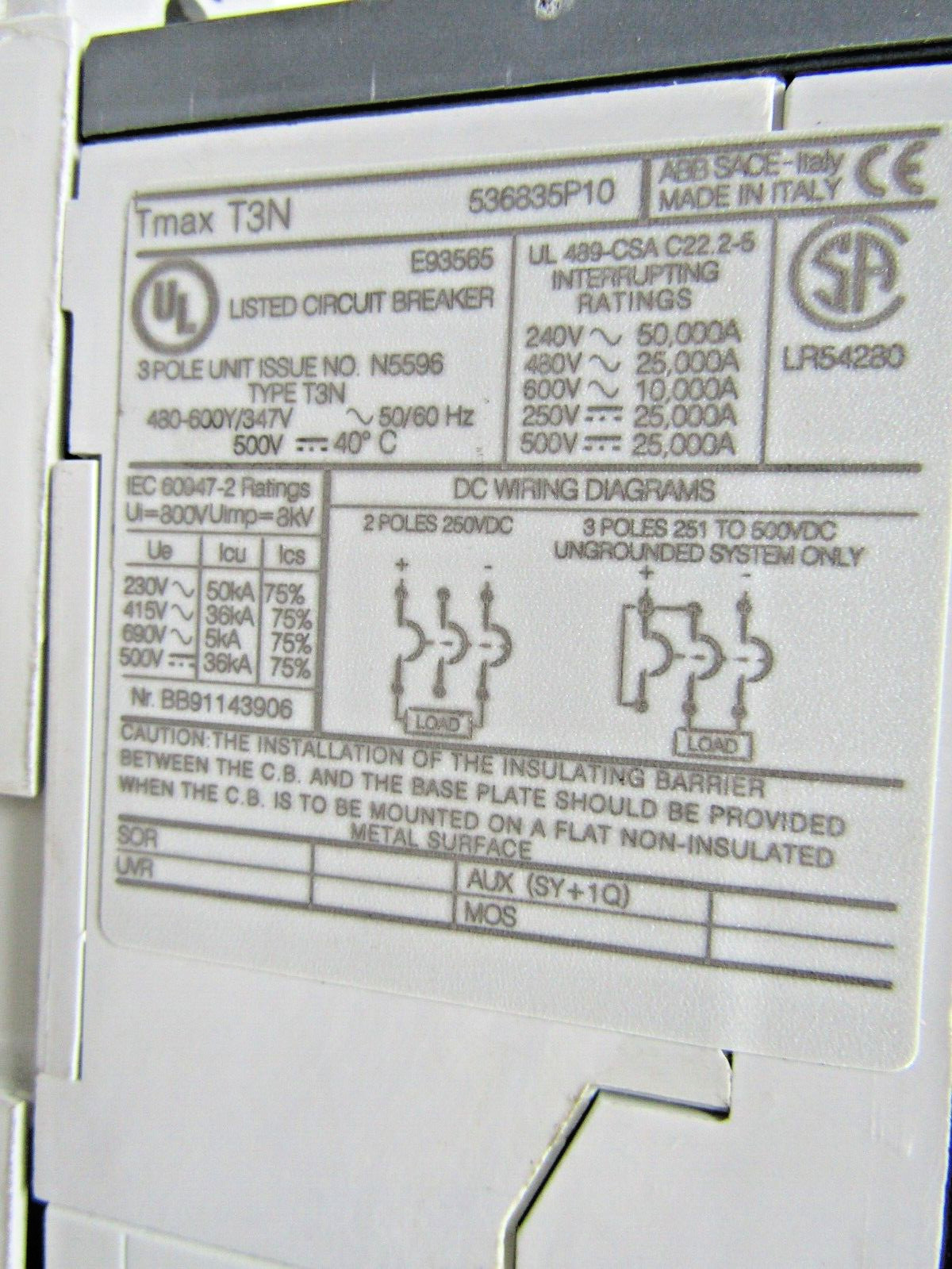 🔥 NEW ABB 225 AMP CIRCUIT BREAKER 3 POLE 480-600Y/347 VAC ABB SACE TMAX T3N 225