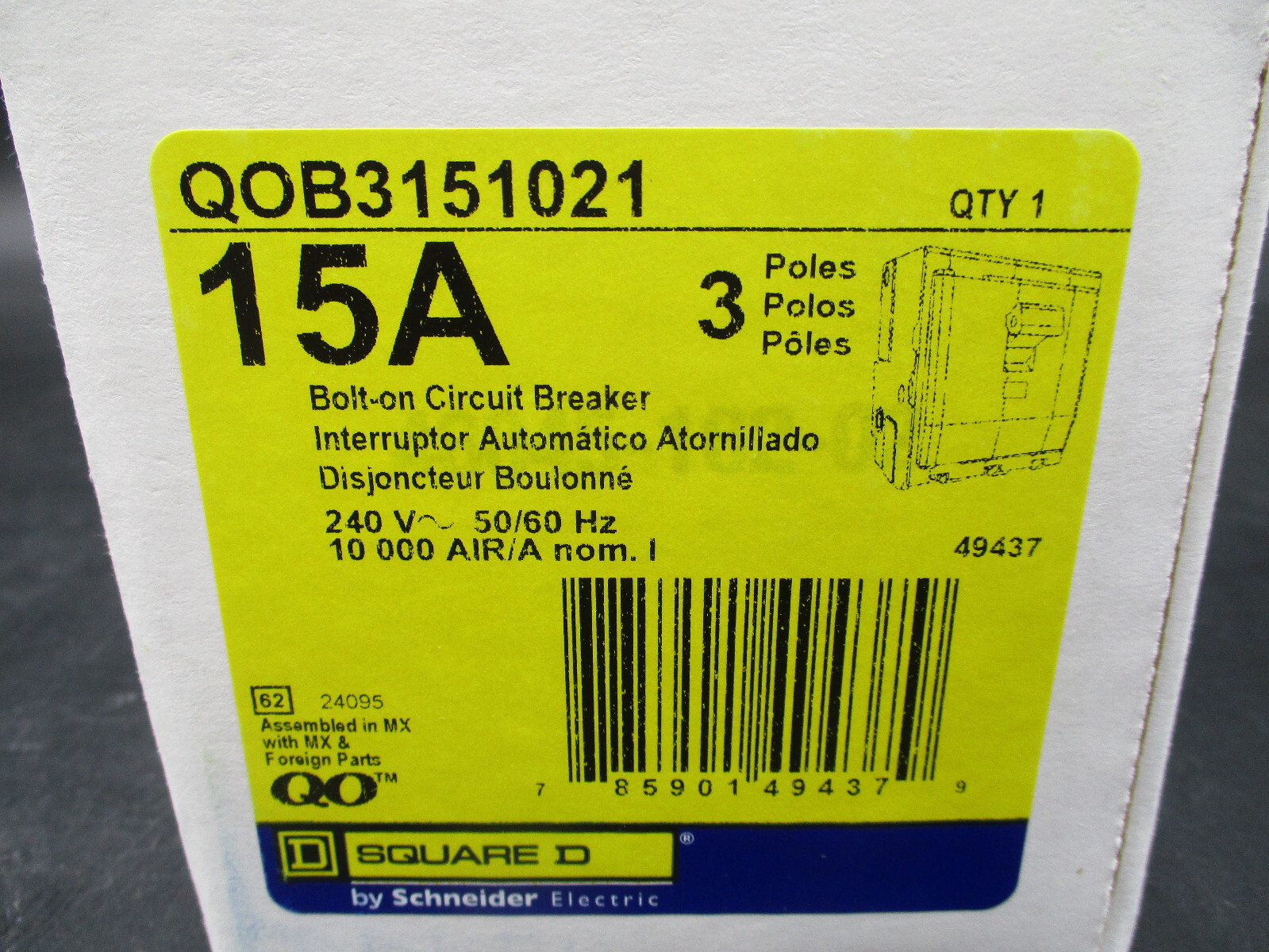 SQUARE D QOB315-1021 3-P 15A 120/240V SHUNT TRIP CIRCUIT BREAKER ‘SAMEDAY SHIP’