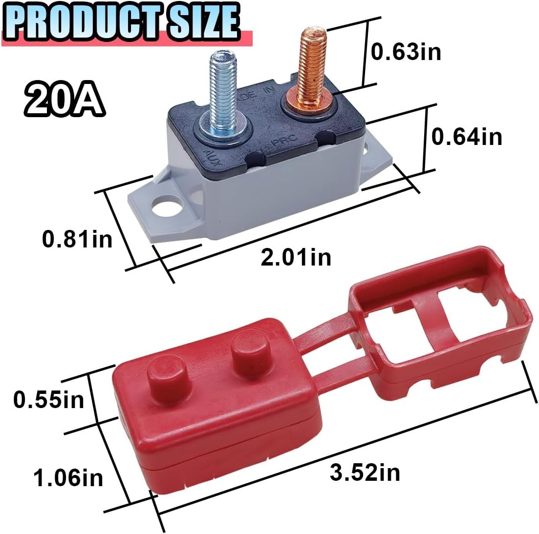 2PCS 20A DC 12V-24V Automatic Reset Circuit Breaker with Cover Stud Size: 20A