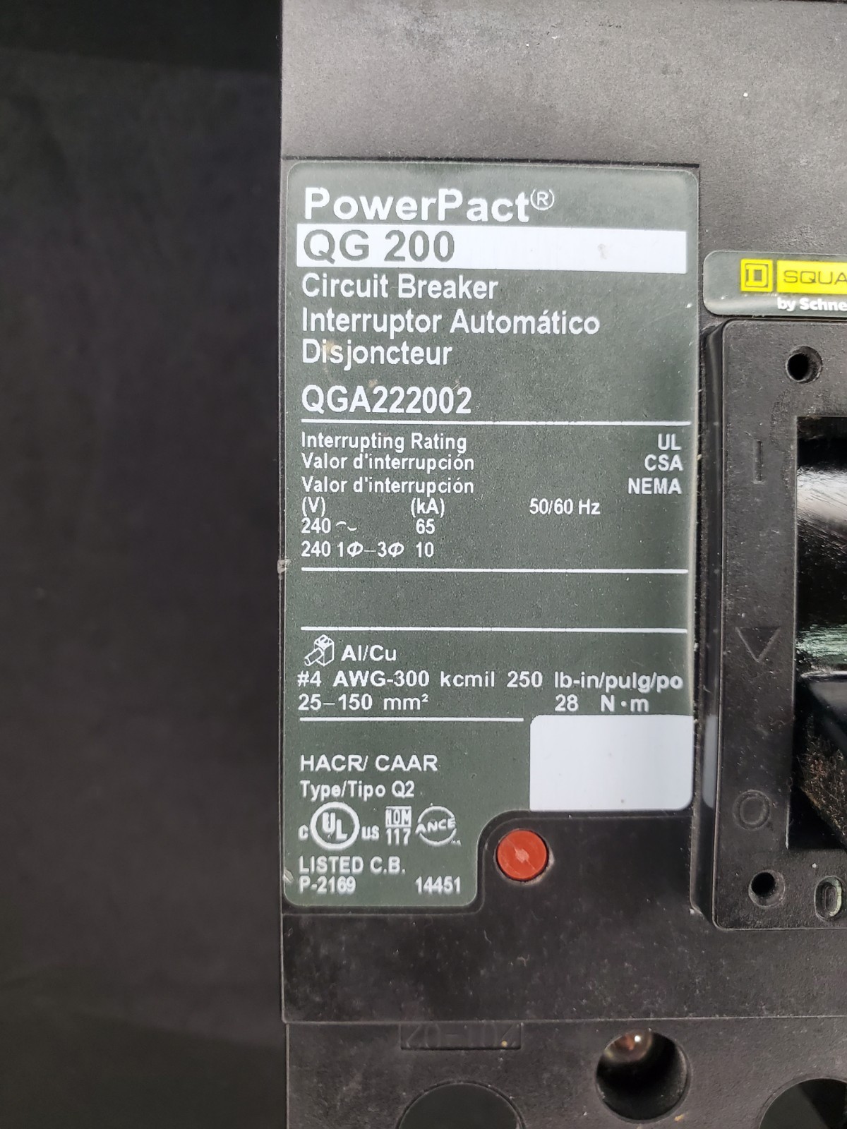 Square D 200A 240VAC 2-Pole Circuit Breaker (QGA222002) Excellent Condition 65K