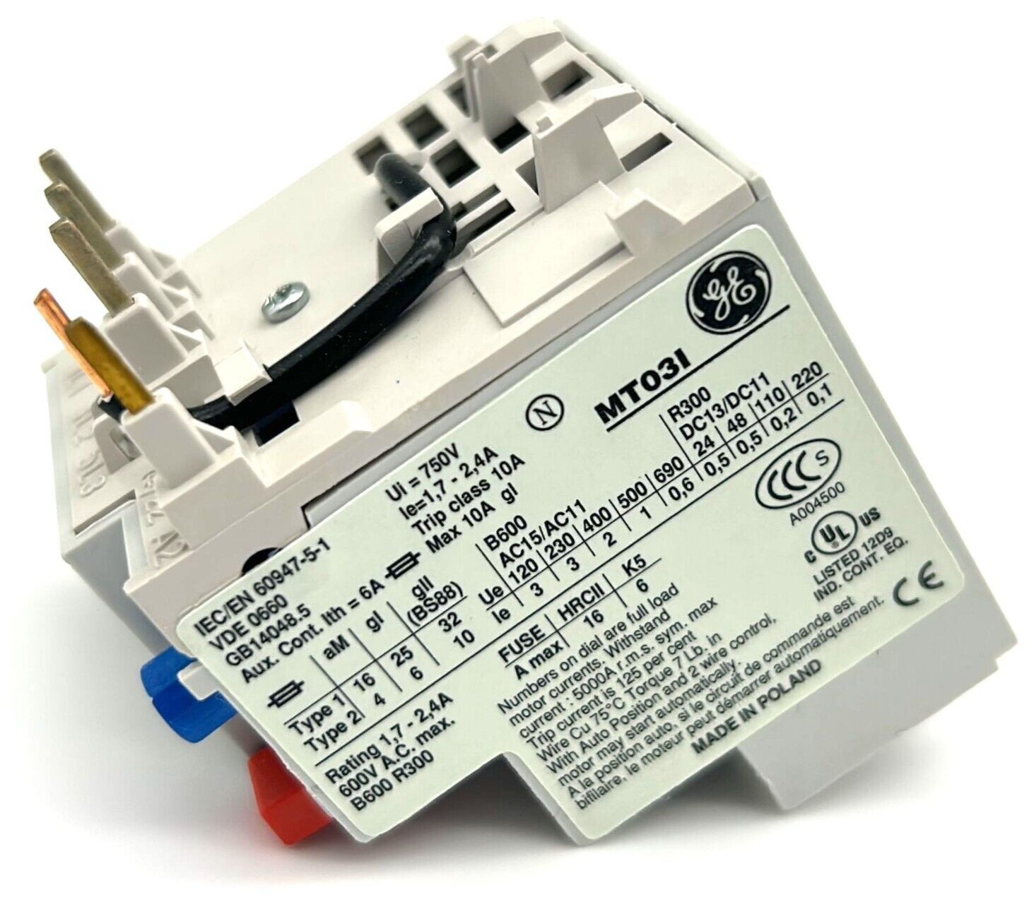 General Electric (GE) MT031 Overload Relay 1.7-2.4 Amp, Made in Poland