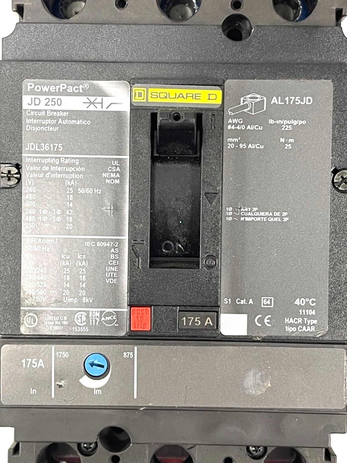 SQUARE D CIRCUIT BREAKER JDL136250 3POLE 250A 600V THREE PHASE