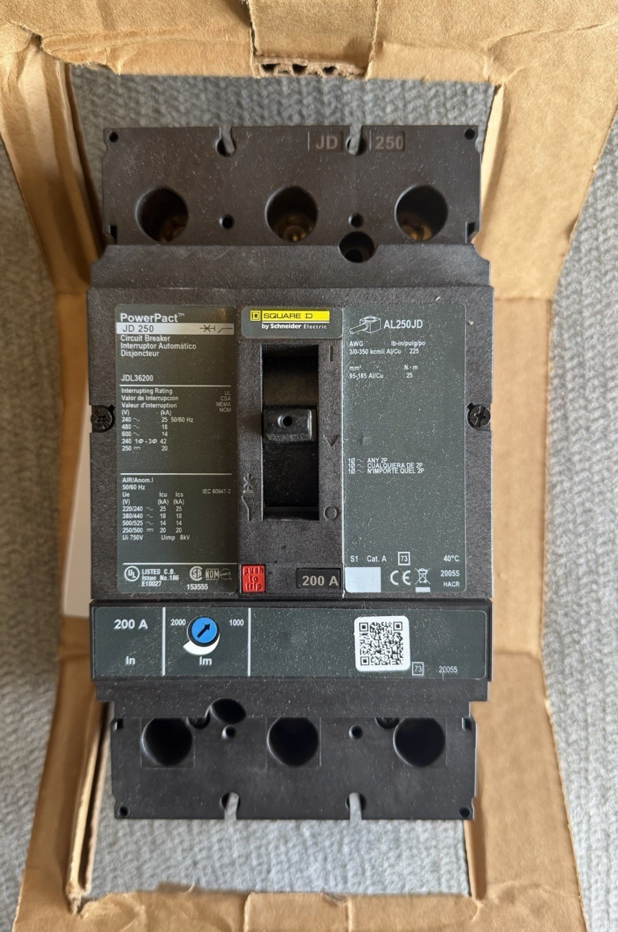 NIB – Square D PowerPact JD 250 JDL36200 200A 3-Pole 600VAC Breaker Trip Ind