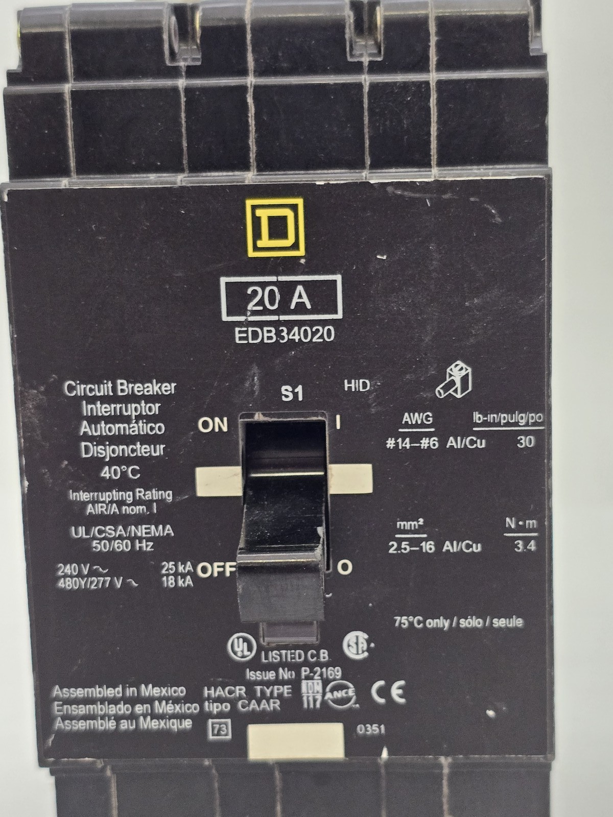Square D EDB34020 Bolt-On Circuit Breaker 20A 3P 480Y/277V EDB
