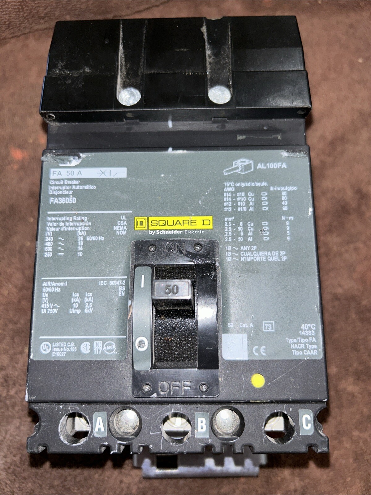 SQUARE D FA36050 50 Amp 600V 3P 25kA@240V I-LINE CIRCUIT BREAKER