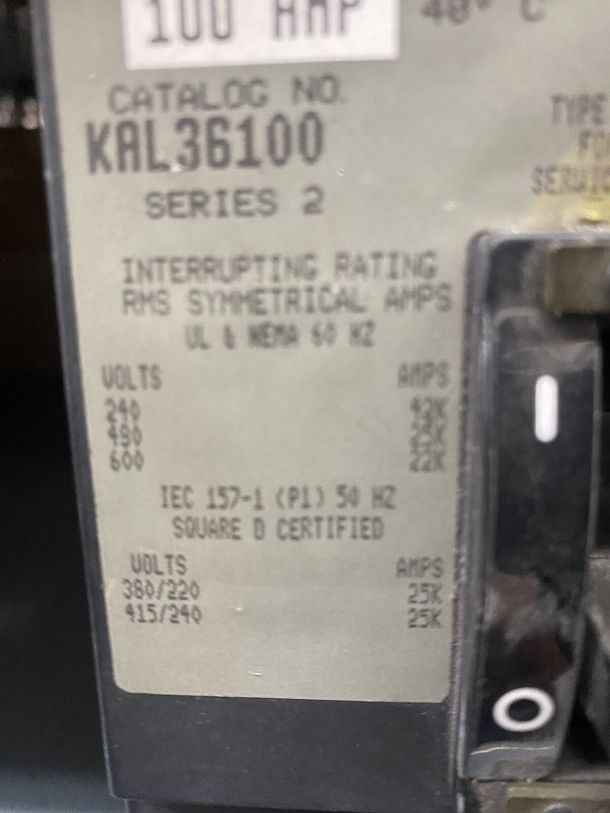 Square D Schneider Electric 100A 600V 480V KAL36100 Circuit Breaker Guaranteed
