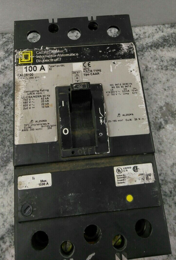 SQUARE D KAL36100 3P 600VA/250VD 100A AL250KA TYPE KAL Breaker/USE(33D3
